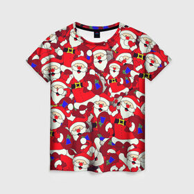 Женская футболка 3D с принтом Дед Санта в Новосибирске, 100% полиэфир ( синтетическое хлопкоподобное полотно) | прямой крой, круглый вырез горловины, длина до линии бедер | 2021 | 2022 | new year | tiger | гирлянда | год тигра | дед мороз | елка | клаус | конфеты | нг | новый год | носок | подарок | рождество | с | санта | снег | снеговик | снежинка | шары