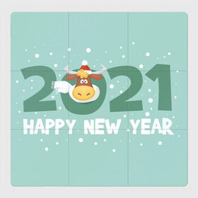 Магнитный плакат 3Х3 с принтом Happy New Year 2021 в Новосибирске, Полимерный материал с магнитным слоем | 9 деталей размером 9*9 см | bull | christmas | holiday | new year | snow | symbol | winter | бык | бычок | зима | новый год | праздник | рождество | символ | снег