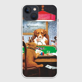Чехол для iPhone 13 с принтом Собаки играют в покер в Новосибирске,  |  | Тематика изображения на принте: a friend in need | art | artist | bets | buldog | cards | chips | dogs | gambling | games | memes | picture | poker | азартные игры | бульдог | друг познается в беде | искусство | картина | карты | мемы | покер | сенбернар | собаки | собачки | ставки