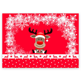 Поздравительная открытка с принтом Олень с подарком в Новосибирске, 100% бумага | плотность бумаги 280 г/м2, матовая, на обратной стороне линовка и место для марки
 | 2021 | new year | деда мороза | к нам приходит | клауса | костюм | новогодний | новый год | праздник | рождество | рудольф | санты | снег | снежинки | снежок | узор
