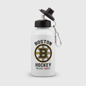 Бутылка спортивная с принтом BOSTON BRUINS NHL в Новосибирске, металл | емкость — 500 мл, в комплекте две пластиковые крышки и карабин для крепления | Тематика изображения на принте: black | boston | bruins | hockey | ice | logo | nhl | sport | usa | бостон | брюинз | кубок | логотип | нхл | спорт | стэнли | хоккей