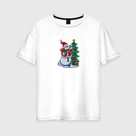 Женская футболка хлопок Oversize с принтом С новым годом! в Новосибирске, 100% хлопок | свободный крой, круглый ворот, спущенный рукав, длина до линии бедер
 | claus | happy new year | merry christmas | santa | snowman | дед мороз | елка | клаус | новый год | рождество | с новым годом | санта | снеговик