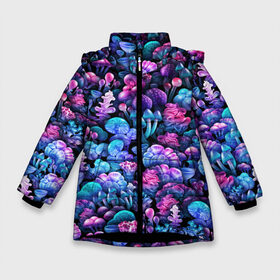 Зимняя куртка для девочек 3D с принтом Волшебные грибы в Новосибирске, ткань верха — 100% полиэстер; подклад — 100% полиэстер, утеплитель — 100% полиэстер. | длина ниже бедра, удлиненная спинка, воротник стойка и отстегивающийся капюшон. Есть боковые карманы с листочкой на кнопках, утяжки по низу изделия и внутренний карман на молнии. 

Предусмотрены светоотражающий принт на спинке, радужный светоотражающий элемент на пуллере молнии и на резинке для утяжки. | Тематика изображения на принте: neon | гриб | грибник | грибочки | магия | мистика | мухомор | паттерн | поганки | психоделика | психоделический | свет | сияние