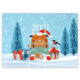 Поздравительная открытка с принтом Новогодний бычок 2021 в Новосибирске, 100% бумага | плотность бумаги 280 г/м2, матовая, на обратной стороне линовка и место для марки
 | 2021 | 7 января | bull | newyear | santa | бык | быки | бычок | год быка | дед мороз | корова | новогодние каникулы | новогодние праздники | новый 2021 | новый год | новый год 2021 | рождество | сани | санта | санта клаус