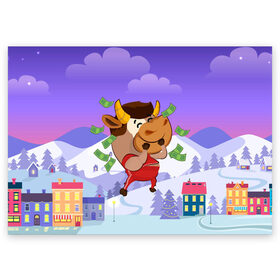 Поздравительная открытка с принтом Денежный бык в Новосибирске, 100% бумага | плотность бумаги 280 г/м2, матовая, на обратной стороне линовка и место для марки
 | 2021 | 7 января | bull | newyear | santa | бык | быки | бычок | год быка | дед мороз | корова | новогодние каникулы | новогодние праздники | новый 2021 | новый год | новый год 2021 | рождество | сани | санта | санта клаус
