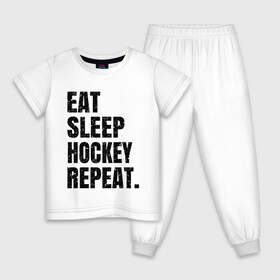 Детская пижама хлопок с принтом EAT SLEEP HOCKEY REPEAT в Новосибирске, 100% хлопок |  брюки и футболка прямого кроя, без карманов, на брюках мягкая резинка на поясе и по низу штанин
 | boston | bruins | capitals | detroit | eat | eat sleep hockey repeat | hockey | nhl | penguins | pittsburgh | red wings | repeat | sleep | washington | вашингтон кэпиталз | нхл | питтсбург пингвинз | хокей | хоккей