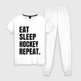 Женская пижама хлопок с принтом EAT SLEEP HOCKEY REPEAT в Новосибирске, 100% хлопок | брюки и футболка прямого кроя, без карманов, на брюках мягкая резинка на поясе и по низу штанин | boston | bruins | capitals | detroit | eat | eat sleep hockey repeat | hockey | nhl | penguins | pittsburgh | red wings | repeat | sleep | washington | вашингтон кэпиталз | нхл | питтсбург пингвинз | хокей | хоккей