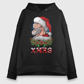 Женское худи Oversize хлопок с принтом Bad Santa в Новосибирске, френч-терри — 70% хлопок, 30% полиэстер. Мягкий теплый начес внутри —100% хлопок | боковые карманы, эластичные манжеты и нижняя кромка, капюшон на магнитной кнопке | 