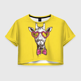 Женская футболка Crop-top 3D с принтом Жираф в Новосибирске, 100% полиэстер | круглая горловина, длина футболки до линии талии, рукава с отворотами | бабочка | винтаж | графика | жираф | очки | ретро | рисунок | сердечки | хипстер