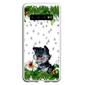 Чехол для Samsung Galaxy S10 с принтом котёнок в Новосибирске, Силикон | Область печати: задняя сторона чехла, без боковых панелей | божья коровка | дождик | котёнок | цветы