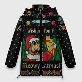 Женская зимняя куртка 3D с принтом Wishing you a meowy catmas в Новосибирске, верх — 100% полиэстер; подкладка — 100% полиэстер; утеплитель — 100% полиэстер | длина ниже бедра, силуэт Оверсайз. Есть воротник-стойка, отстегивающийся капюшон и ветрозащитная планка. 

Боковые карманы с листочкой на кнопках и внутренний карман на молнии | 2020 | 2021 | christmas | happy | merry | new year | santa | sweater | ugly christmas | альф | зима | котик | новогодний | новогодняя | новый год | рождественский | рождественский свитер | рождество | санта | свитер | снег