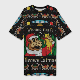 Платье-футболка 3D с принтом Wishing you a meowy catmas в Новосибирске,  |  | 2020 | 2021 | christmas | happy | merry | new year | santa | sweater | ugly christmas | альф | зима | котик | новогодний | новогодняя | новый год | рождественский | рождественский свитер | рождество | санта | свитер | снег