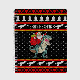 Тетрадь с принтом Merry Rex-mas в Новосибирске, 100% бумага | 48 листов, плотность листов — 60 г/м2, плотность картонной обложки — 250 г/м2. Листы скреплены сбоку удобной пружинной спиралью. Уголки страниц и обложки скругленные. Цвет линий — светло-серый
 | 2020 | 2021 | christmas | dino | happy | merry | new year | rex | santa | sweater | t rex | ugly christmas | динозавр | зима | новогодний | новогодняя | новый год | рождественский | рождественский свитер | рождество | санта | свитер | снег