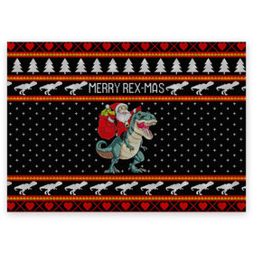 Поздравительная открытка с принтом Merry Rex-mas в Новосибирске, 100% бумага | плотность бумаги 280 г/м2, матовая, на обратной стороне линовка и место для марки
 | Тематика изображения на принте: 2020 | 2021 | christmas | dino | happy | merry | new year | rex | santa | sweater | t rex | ugly christmas | динозавр | зима | новогодний | новогодняя | новый год | рождественский | рождественский свитер | рождество | санта | свитер | снег