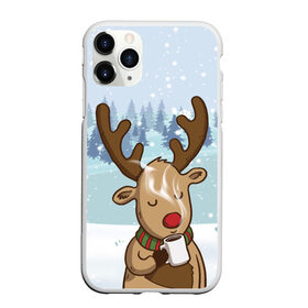 Чехол для iPhone 11 Pro Max матовый с принтом Олень с кружкой в Новосибирске, Силикон |  | Тематика изображения на принте: 2021 | new year | деда мороза | зима | к нам приходит | клауса | костюм | новогодний | новый год | праздник | пьёт | рождество | рудольф | санты | снег | снежинки | снежок | согреться | холодно | чай