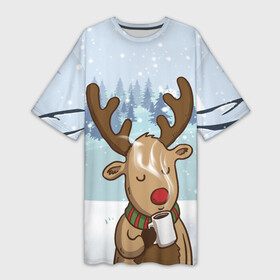 Платье-футболка 3D с принтом Олень с кружкой в Новосибирске,  |  | 2021 | new year | деда мороза | зима | к нам приходит | клауса | костюм | новогодний | новый год | праздник | пьёт | рождество | рудольф | санты | снег | снежинки | снежок | согреться | холодно | чай