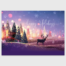 Поздравительная открытка с принтом Счастливых праздников в Новосибирске, 100% бумага | плотность бумаги 280 г/м2, матовая, на обратной стороне линовка и место для марки
 | christmas | deer | holiday | landscape | new year | snow | trees | winter | елки | зима | новый год | олень | пейзаж | праздник | рождество | снег