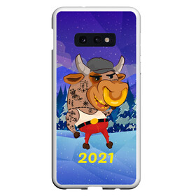 Чехол для Samsung S10E с принтом Злой бычара 2021 в Новосибирске, Силикон | Область печати: задняя сторона чехла, без боковых панелей | 2021 | 7 января | bull | newyear | santa | бык | быки | бычок | год быка | дед мороз | корова | новогодние каникулы | новогодние праздники | новый 2021 | новый год | новый год 2021 | рождество | сани | санта | санта клаус