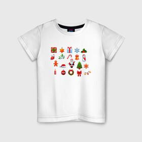 Детская футболка хлопок с принтом новогоднее настроение в Новосибирске, 100% хлопок | круглый вырез горловины, полуприлегающий силуэт, длина до линии бедер | бант | гирлянда | дед мороз | звезда | игрушка | картинки | леденец | новый год | подарок | популярные | прикольные | пряник | снежинка
