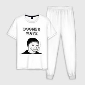 Мужская пижама хлопок с принтом Doomer Wave в Новосибирске, 100% хлопок | брюки и футболка прямого кроя, без карманов, на брюках мягкая резинка на поясе и по низу штанин
 | 20 | 2020 | 2021 | 21 | 2k20 | 2к20 | doomer | girl | girls | guy | man | mem | meme | memes | wafe | бумер | бумеры | волна | девушка | девушки | думер | думеры | зумер | зумеры | мем | мемы | мужчина | парень