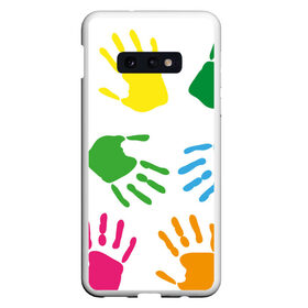 Чехол для Samsung S10E с принтом Цветные ладошки - Детский узор в Новосибирске, Силикон | Область печати: задняя сторона чехла, без боковых панелей | Тематика изображения на принте: дети | детский | краска | ладошки | пальцы | радуга | ребенок | руки | след | узор
