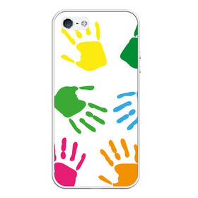Чехол для iPhone 5/5S матовый с принтом Цветные ладошки - Детский узор в Новосибирске, Силикон | Область печати: задняя сторона чехла, без боковых панелей | Тематика изображения на принте: дети | детский | краска | ладошки | пальцы | радуга | ребенок | руки | след | узор