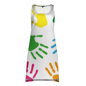 Платье-майка 3D с принтом Цветные ладошки - Детский узор в Новосибирске, 100% полиэстер | полуприлегающий силуэт, широкие бретели, круглый вырез горловины, удлиненный подол сзади. | дети | детский | краска | ладошки | пальцы | радуга | ребенок | руки | след | узор