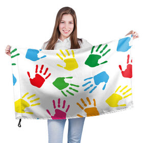Флаг 3D с принтом Цветные ладошки - Детский узор в Новосибирске, 100% полиэстер | плотность ткани — 95 г/м2, размер — 67 х 109 см. Принт наносится с одной стороны | дети | детский | краска | ладошки | пальцы | радуга | ребенок | руки | след | узор