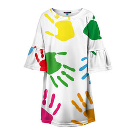 Детское платье 3D с принтом Цветные ладошки - Детский узор в Новосибирске, 100% полиэстер | прямой силуэт, чуть расширенный к низу. Круглая горловина, на рукавах — воланы | Тематика изображения на принте: дети | детский | краска | ладошки | пальцы | радуга | ребенок | руки | след | узор