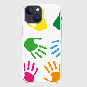 Чехол для iPhone 13 mini с принтом Цветные ладошки   Детский узор в Новосибирске,  |  | Тематика изображения на принте: дети | детский | краска | ладошки | пальцы | радуга | ребенок | руки | след | узор