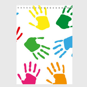 Скетчбук с принтом Цветные ладошки - Детский узор в Новосибирске, 100% бумага
 | 48 листов, плотность листов — 100 г/м2, плотность картонной обложки — 250 г/м2. Листы скреплены сверху удобной пружинной спиралью | Тематика изображения на принте: дети | детский | краска | ладошки | пальцы | радуга | ребенок | руки | след | узор