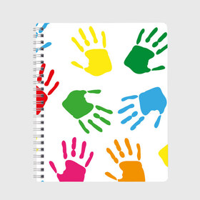 Тетрадь с принтом Цветные ладошки - Детский узор в Новосибирске, 100% бумага | 48 листов, плотность листов — 60 г/м2, плотность картонной обложки — 250 г/м2. Листы скреплены сбоку удобной пружинной спиралью. Уголки страниц и обложки скругленные. Цвет линий — светло-серый
 | дети | детский | краска | ладошки | пальцы | радуга | ребенок | руки | след | узор