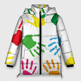 Женская зимняя куртка 3D с принтом Цветные ладошки - Детский узор в Новосибирске, верх — 100% полиэстер; подкладка — 100% полиэстер; утеплитель — 100% полиэстер | длина ниже бедра, силуэт Оверсайз. Есть воротник-стойка, отстегивающийся капюшон и ветрозащитная планка. 

Боковые карманы с листочкой на кнопках и внутренний карман на молнии | Тематика изображения на принте: дети | детский | краска | ладошки | пальцы | радуга | ребенок | руки | след | узор