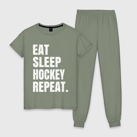 Женская пижама хлопок с принтом EAT SLEEP HOCKEY REPEAT в Новосибирске, 100% хлопок | брюки и футболка прямого кроя, без карманов, на брюках мягкая резинка на поясе и по низу штанин | boston | bruins | capitals | detroit | eat | eat sleep hockey repeat | hockey | nhl | penguins | pittsburgh | red wings | repeat | sleep | washington | вашингтон кэпиталз | нхл | питтсбург пингвинз | хокей | хоккей