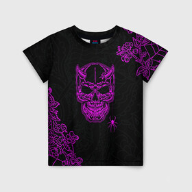 Детская футболка 3D с принтом Demonic skull в Новосибирске, 100% гипоаллергенный полиэфир | прямой крой, круглый вырез горловины, длина до линии бедер, чуть спущенное плечо, ткань немного тянется | demon | evil | skull | готический | демон | дьявол | зло | монстр | паук | паутина | рога | скелет | цветы | череп
