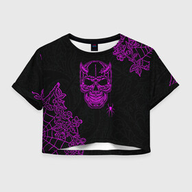 Женская футболка Crop-top 3D с принтом Demonic skull в Новосибирске, 100% полиэстер | круглая горловина, длина футболки до линии талии, рукава с отворотами | demon | evil | skull | готический | демон | дьявол | зло | монстр | паук | паутина | рога | скелет | цветы | череп