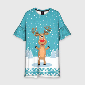 Детское платье 3D с принтом Иди, обниму! - Рудольф в Новосибирске, 100% полиэстер | прямой силуэт, чуть расширенный к низу. Круглая горловина, на рукавах — воланы | 2021 | new year | деда мороза | зима | к нам приходит | клауса | костюм | новогодний | новый год | праздник | рога | рождество | рудольф | санты | снег | снежинки | снежок | узоры | холодно