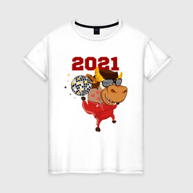 Женская футболка хлопок с принтом Бык на дискотеке в Новосибирске, 100% хлопок | прямой крой, круглый вырез горловины, длина до линии бедер, слегка спущенное плечо | 2021 | 7 января | bull | newyear | santa | бык | быки | бычок | год быка | дед мороз | корова | новогодние каникулы | новогодние праздники | новый 2021 | новый год | новый год 2021 | рождество | сани | санта | санта клаус