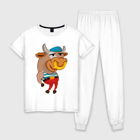 Женская пижама хлопок с принтом Бык ВДВ в Новосибирске, 100% хлопок | брюки и футболка прямого кроя, без карманов, на брюках мягкая резинка на поясе и по низу штанин | 