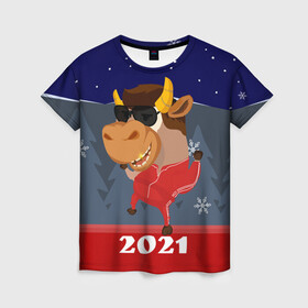 Женская футболка 3D с принтом Бычара 2021 в Новосибирске, 100% полиэфир ( синтетическое хлопкоподобное полотно) | прямой крой, круглый вырез горловины, длина до линии бедер | 2021 | 7 января | bull | newyear | santa | бык | быки | бычок | год быка | дед мороз | корова | новогодние каникулы | новогодние праздники | новый 2021 | новый год | новый год 2021 | рождество | сани | санта | санта клаус