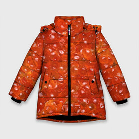 Зимняя куртка для девочек 3D с принтом Красная икра в Новосибирске, ткань верха — 100% полиэстер; подклад — 100% полиэстер, утеплитель — 100% полиэстер. | длина ниже бедра, удлиненная спинка, воротник стойка и отстегивающийся капюшон. Есть боковые карманы с листочкой на кнопках, утяжки по низу изделия и внутренний карман на молнии. 

Предусмотрены светоотражающий принт на спинке, радужный светоотражающий элемент на пуллере молнии и на резинке для утяжки. | black | butter | camouflage | caviar | fish | fisherman | food | luxury | new year | red | riches | белуга | богатство | бутерброд | еда | икра | камуфляж | красная | лосось | масло | новый год | осётр | роскошь | рыба | рыбак | севрюга | сёмга