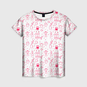 Женская футболка 3D с принтом Coffee Lover в Новосибирске, 100% полиэфир ( синтетическое хлопкоподобное полотно) | прямой крой, круглый вырез горловины, длина до линии бедер | бариста | белый фон | иконки | кофе | кофейня | красный | любитель кофе | паттерн