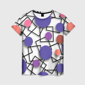 Женская футболка 3D с принтом Геометрический узор в Новосибирске, 100% полиэфир ( синтетическое хлопкоподобное полотно) | прямой крой, круглый вырез горловины, длина до линии бедер | 3д эффект | графика | квадраты | объемные фигуры | разноцветные круги