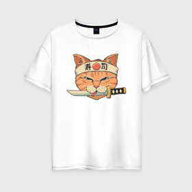 Женская футболка хлопок Oversize с принтом Кот Самурай в Новосибирске, 100% хлопок | свободный крой, круглый ворот, спущенный рукав, длина до линии бедер
 | 2077 | cat | cats | cyberpunk | japan | neko | samurai | yakuza | катана | кот | коты | кошка | самурай | харакири | якудза | япония