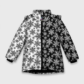 Зимняя куртка для девочек 3D с принтом Снежинки в Новосибирске, ткань верха — 100% полиэстер; подклад — 100% полиэстер, утеплитель — 100% полиэстер. | длина ниже бедра, удлиненная спинка, воротник стойка и отстегивающийся капюшон. Есть боковые карманы с листочкой на кнопках, утяжки по низу изделия и внутренний карман на молнии. 

Предусмотрены светоотражающий принт на спинке, радужный светоотражающий элемент на пуллере молнии и на резинке для утяжки. | merry christmas | дед мороз | ёлка | зима | мороз | новый год | подарок | праздник | рождество | с новым годом | санта клаус | снег | снеговик | снегурочка | снежинки | снежные узоры | узоры
