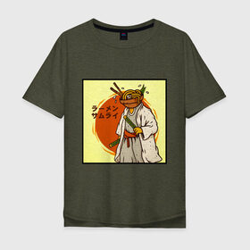 Мужская футболка хлопок Oversize с принтом Съедобный самурай в Новосибирске, 100% хлопок | свободный крой, круглый ворот, “спинка” длиннее передней части | japan | katana | ramen | samurai | катана | лапша | рамен | самурай | япония