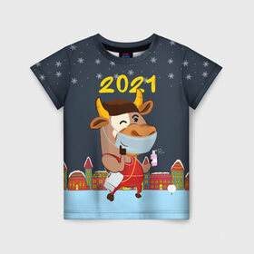 Детская футболка 3D с принтом Коронавирусный Новый Год в Новосибирске, 100% гипоаллергенный полиэфир | прямой крой, круглый вырез горловины, длина до линии бедер, чуть спущенное плечо, ткань немного тянется | 2021 | 7 января | bull | newyear | santa | бык | быки | бычок | год быка | дед мороз | корова | новогодние каникулы | новогодние праздники | новый 2021 | новый год | новый год 2021 | рождество | сани | санта | санта клаус