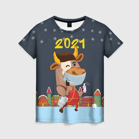 Женская футболка 3D с принтом Коронавирусный Новый Год в Новосибирске, 100% полиэфир ( синтетическое хлопкоподобное полотно) | прямой крой, круглый вырез горловины, длина до линии бедер | 2021 | 7 января | bull | newyear | santa | бык | быки | бычок | год быка | дед мороз | корова | новогодние каникулы | новогодние праздники | новый 2021 | новый год | новый год 2021 | рождество | сани | санта | санта клаус