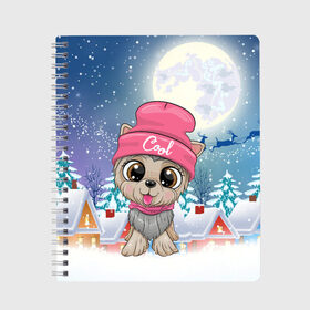 Тетрадь с принтом Милая новогодняя собачка в Новосибирске, 100% бумага | 48 листов, плотность листов — 60 г/м2, плотность картонной обложки — 250 г/м2. Листы скреплены сбоку удобной пружинной спиралью. Уголки страниц и обложки скругленные. Цвет линий — светло-серый
 | Тематика изображения на принте: 2021 | 7 января | bull | newyear | santa | бык | быки | бычок | год быка | дед мороз | корова | новогодние каникулы | новогодние праздники | новый 2021 | новый год | новый год 2021 | рождество | сани | санта | санта клаус