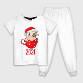 Детская пижама хлопок с принтом Милый новогодний бычок 2021 в Новосибирске, 100% хлопок |  брюки и футболка прямого кроя, без карманов, на брюках мягкая резинка на поясе и по низу штанин
 | Тематика изображения на принте: 2021 | 7 января | bull | newyear | santa | бык | быки | бычок | год быка | дед мороз | корова | новогодние каникулы | новогодние праздники | новый 2021 | новый год | новый год 2021 | рождество | сани | санта | санта клаус